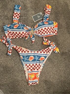 Women’s Blue & Red Patterned Two-Piece Swim Set